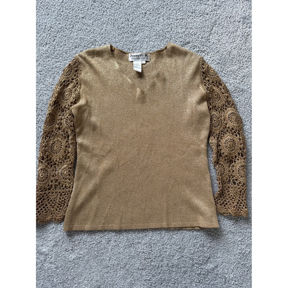 Joseph A Womens Gold Metallic Knit Top Crochet Lace Long Sleeve V-Neck Large